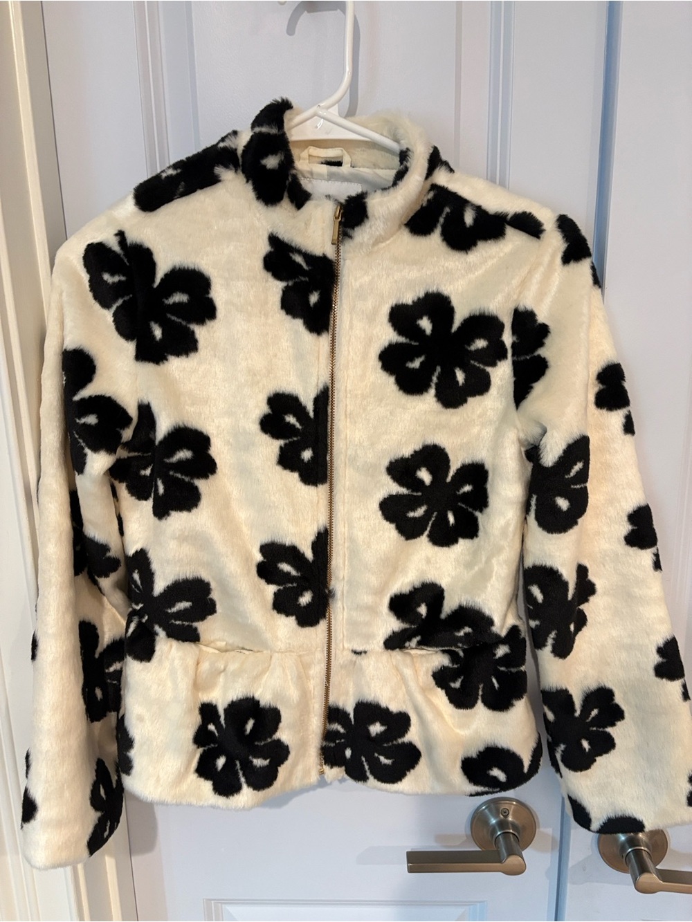 Janie and Jack Cream Faux Fur Jacket with Black Floral Print